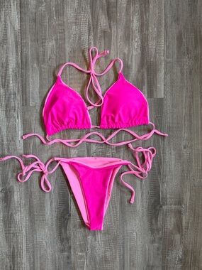 Two Tone Hot Pink Triangle Tie Bikini Set